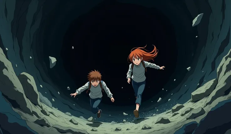 Suddenly, the ground beneath them collapsed

17-year-old boy with chestnut hair and hazel eyes

An eighteen-year-old red-haired girl

The darkness is bottomless


Very dark cave


anime style