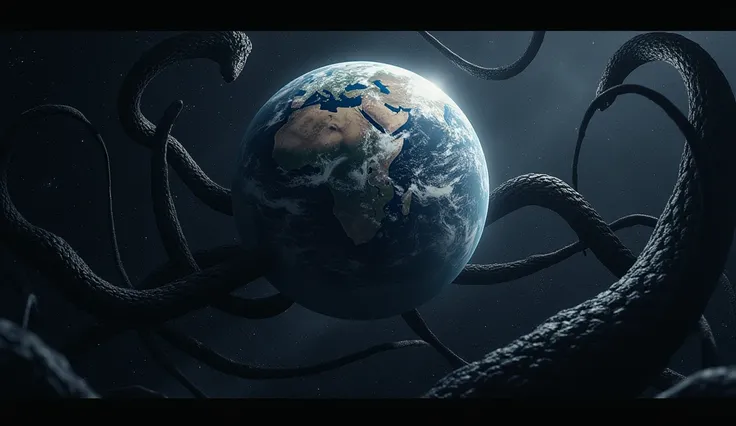 earth view from space ,  ephemeral tentacles made of black energy stretch to the ground 