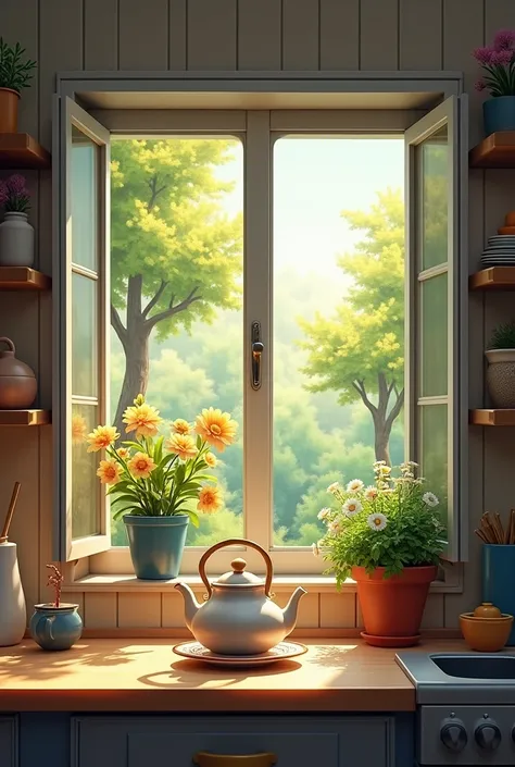 in a kitchen cabinet there is a teapot and some saucer seeds .  In front of the kitchen there is also an open glass window. Look out there, the trees are in bloom.