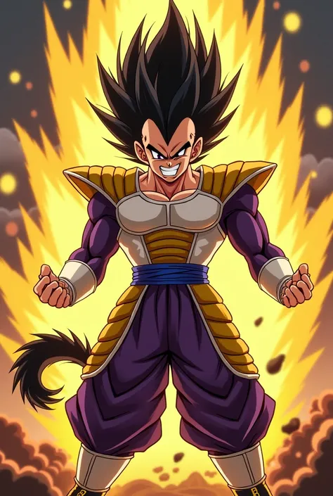 Generate image of saiyan who have wolfcut black hair and a tail, and his armour look like vegetas but with purple and yellow colour. He have maniac smile and his pupil one purple and one black. he transform to super saiyan but his hair colour still in blac...