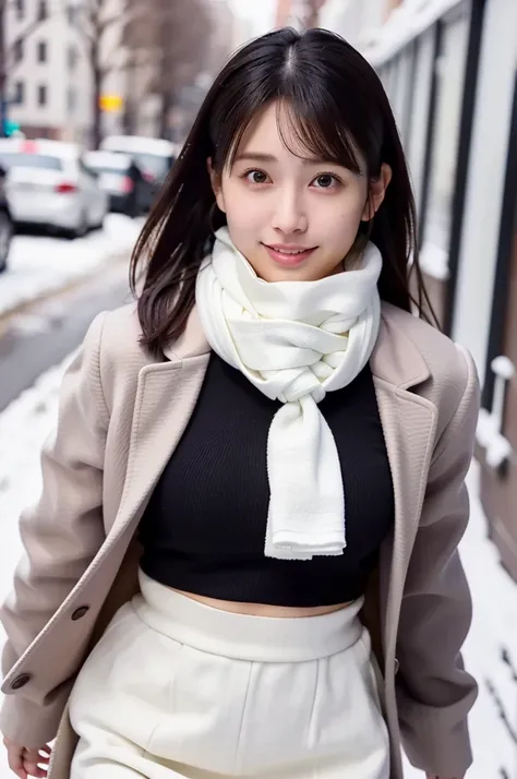 (masterpiece, best quality, perfect anatomy, highres, 8k, realistic, photorealistic, natural skin texture, no makeup:1.2), 1girl, solo, Japanese, female university student, age20, very cute, winter, (very cold day), at Boston street, 
 (There is snow on th...