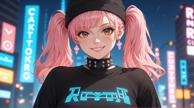 long mid view Front straight eye-level faraway shot of a cheerful anime girl with short, pastel pink hair styled in twin tails,  rich amber hue eyes, accessorized with a small black beanie and delicate cross earrings. Soft light highlights her face, emphas...