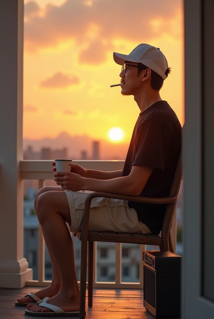 A asian man with very short hair wearing eyegalsses,a black T-shirt and cream-colored shorts,white white snapback hat sporting blue flip-flops, sits on the front porch chair of a house while holding a cup of hot coffee and smoking a cigarette,Beside him is...