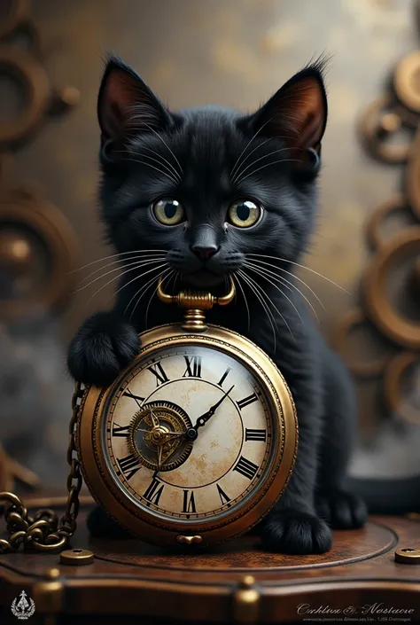 Envision a steampunk-themed portrait of a black kitten that embodies a sense of timeless wonder and mechanical artistry. The kitten should have striking features with an element of mystery, set against a meticulously detailed backdrop. Include a prominent ...