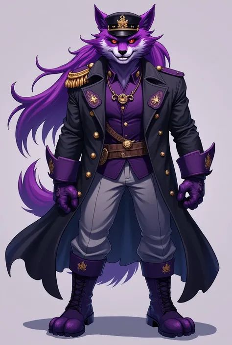 Furry hiena,  long purple hair brushed to the side, Ojos rojos,  sinister smile , purple Arcadia commander costume, black trench coat, gray military pants , purple combat boots , dark purple gloves ,  purple military hat, rangy, Anime style