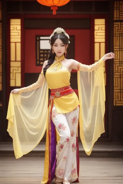 The woman is wearing an ancient dance costume, including a yellow full-length halter top blouse, and white chiffon trousers on the bottom. She is an oriental beauty with a very Chinese style. The costume is very Song Dynasty style. She has her back to the ...