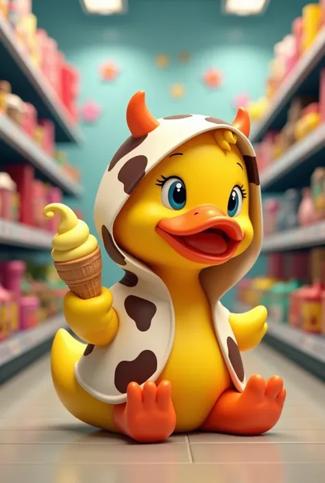 A yellow duck wearing a cow-shaped hoodie with the characteristic cow color is sitting, next to the duck is holding out an ice cream funnel in his hand. The aisles are filled with vibrant and interesting products, creating a lively and cheerful atmosphere....