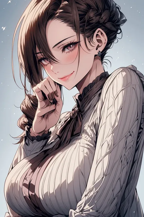 Create a detailed anime illustration of a mature woman with short dark brown hair, icy grey eyes, high cheekbones, sharp chin, slender and lithe body with curves, complemented by her large breasts, dressed in a school teacher uniform, lips curled up slight...