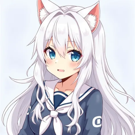 Anime girl with long white hair and blue eyes wearing cat ears, a character portrait by Kamagurka , pixiv, shin hanga, White Catgirl,  white-haired divinity , Holo is a werewolf , holo if a wolf girl, nekomimi, cute anime cat girl, Retrato de Onmyoji, , Ve...