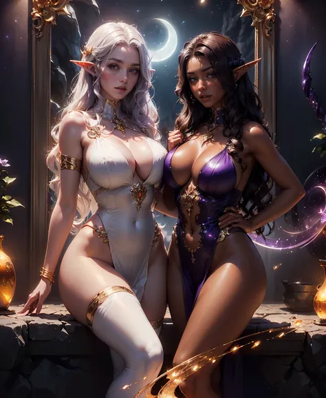 (masterpiece, best quality, perfect face, realistic (beautiful and aesthetic:1.2), extremely detailed, highest detailed face), ((Elven twins,((mirror twins)), shadow weaver, light bringer, nights embrace, radiant beams, elven society, voluptuous figure, co...