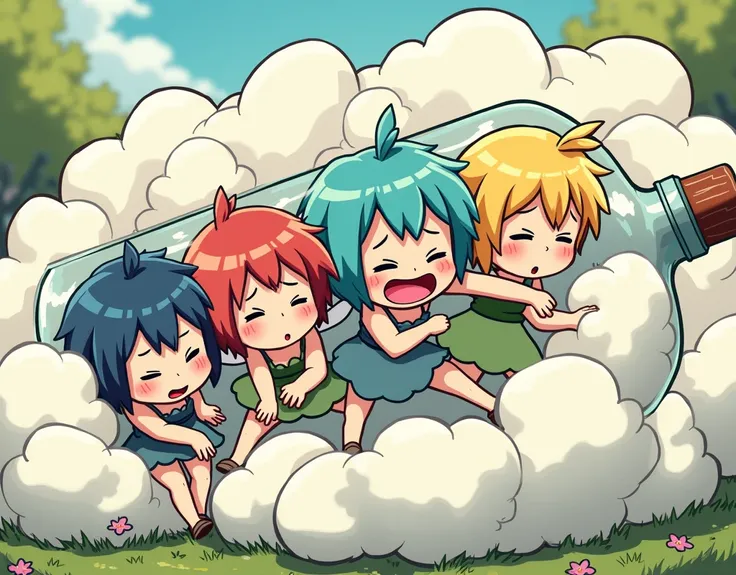 An anime-style comic depicting many fairies playfully wrestling with each other inside a bottle comical fight cloud.
each fairy has different  colored hair.
their faces,hands,and feet are visible emerging from the cloud as they tussle humorously,  with the...