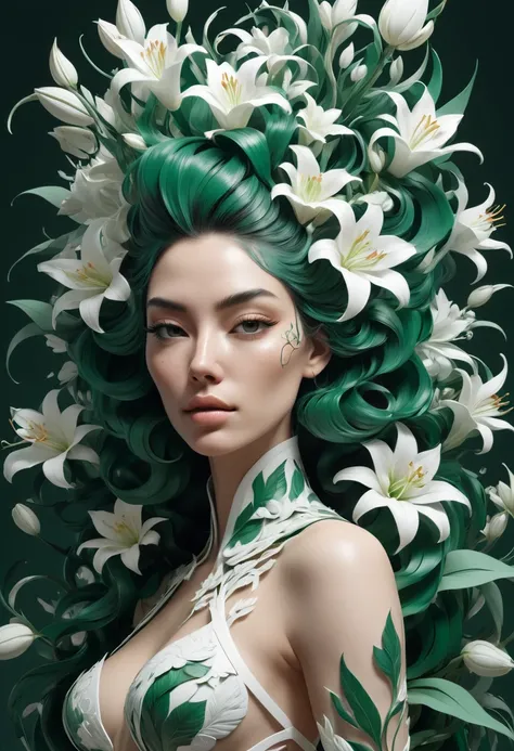 in the style of Brian Jungen ， double contact ，（  A girl with lilies all over her body and head），emerald and white ，,Рендеринг Octane，Unreal Engine， Rococo paper cutting，Fantasyart， surreal