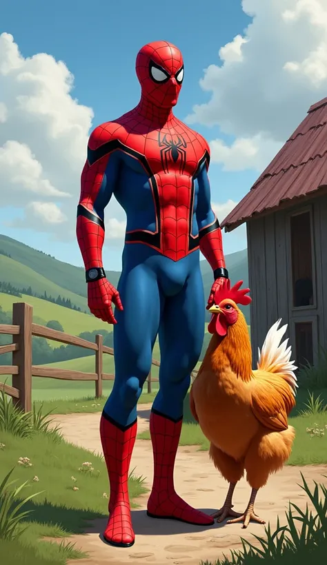 portrait of Spiderman from The Avengers standing with a chicken on a farm