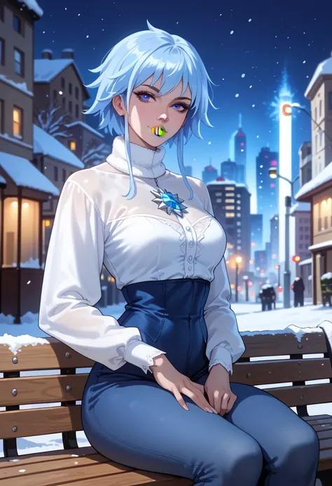 Killer Frost, white blouse, blue jeans, sitting on a bench, city, night, snow, looking at viewer, yellow lips, solo, 1 woman, focus on waist up, anime style, light blue hair, blue eyes