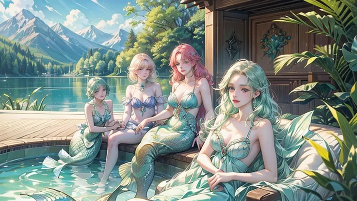 ultra-high-definition, photorealistic, five highly detailed mermaids sitting on a poolside, each with unique and colorful mermaid tails, intricate scales and accessories, posing together in a cheerful group, bright and sunny outdoor pool, lush greenery and...