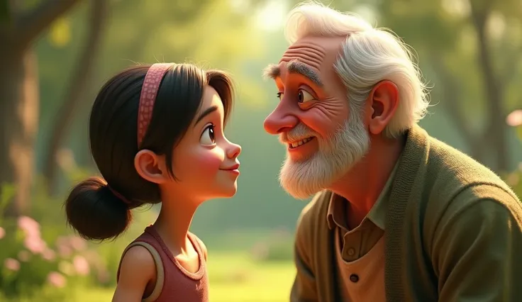 The girl finally sees the old man, smiling gently at her. His face is calm and peaceful." 3d animation