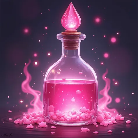 Game character、Pink magic potions highlighted in Healers Girl Potion  ,    in a fully decorated bottle 、 Its like being in an environment with several shelves of magic potions。,    。 should have pink magic hanging around the liquid 。 this is also pink but ...