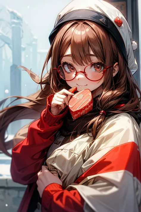  long-haired girl with brown hair and red glasses,smile, sad expression,Winter clothes, eating sweets ,Eating sweets