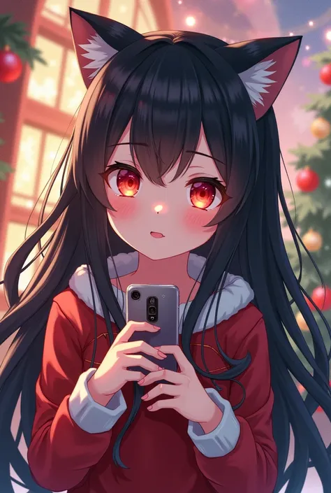 Anime wanita kucing rambut berwarna hitan Mata Merah muka lucu baju Christmas pakai phone 