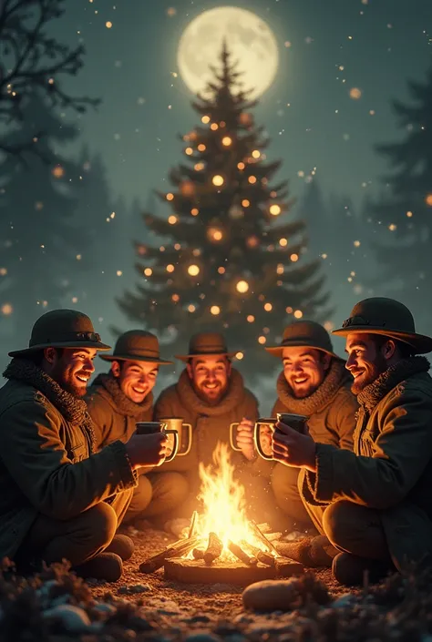 Vintage filter photo illustration of a bunch of soldiers sitting around twinkling campfire holding mugs and bottles celebrating Christmas, dirty clothes and faces,firework lights, warm, golden lanterns, and soft, eerie mist, with subtle, warm moonlight cas...