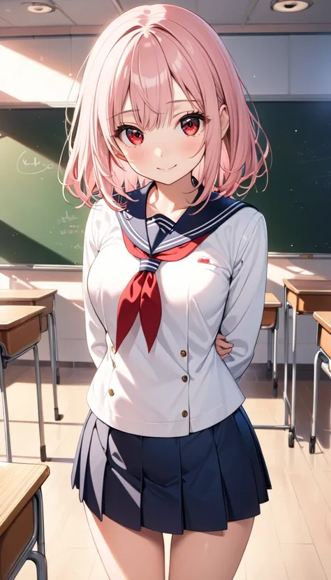 a very beautiful girl, very beautiful face, shy, smiling, red eyes, detailed eyes, slender body, medium breasts, light pink hair, medium hair, sailor uniform, navy skirt, mini skirt, front view, standing, pigeon toed, classroom, evening, 8k, top quality