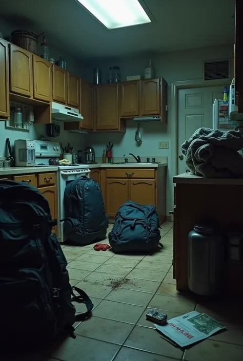 hello,  you can create a room please in a kitchen ,  you can prepare it like a crime scene ,  that has full backpacks on a table ,  chemicals next to a fruit basket , an open travel backpack with few clothes , a piece of paper that has 300 dollars written ...