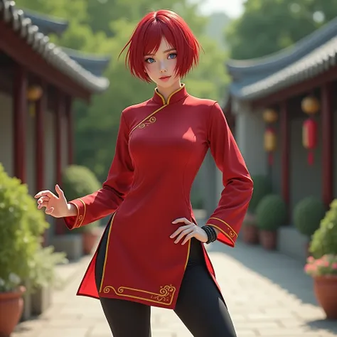  Photograph of a young woman of about 18 years old ,  in the style of a female martial artist with an athletic and voluptuous build . She has a lot of time,  slender legs and narrow waist .  Her red hair is styled in a short cut , practical bob cut ,  skir...