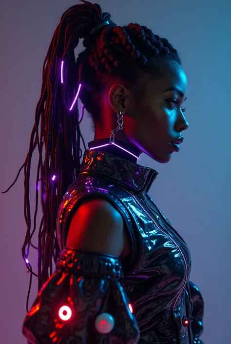 hyper realistic black woman wearing streetwear futuristic clothing made of reflective materials, neon and full of screens, multiple cloths fastenings, demon jaw, demon metal teeth metal embossing, layered textures sandevistan, dark void, infernal figure, a...