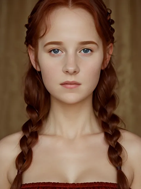 (best quality,4k,8k,highres,masterpiece:1.2),ultra-detailed,(realistic,photorealistic,photo-realistic:1.37), ((Renaissance woman, solo, shy)), ((very large bust size for her young age)), braided red hair, pale skin