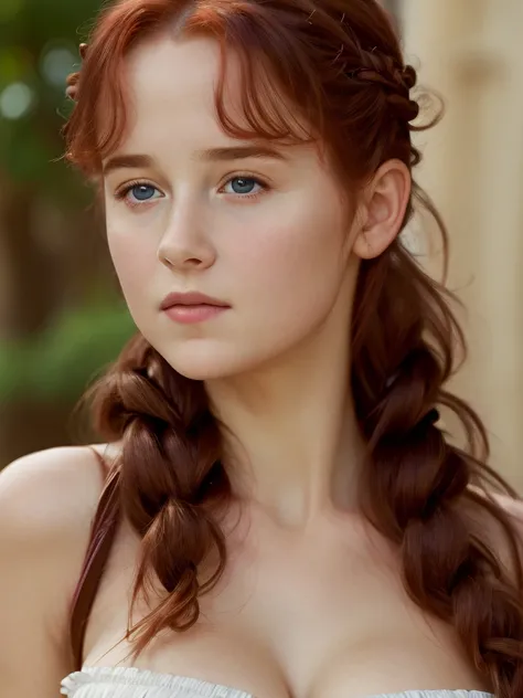 (best quality,4k,8k,highres,masterpiece:1.2),ultra-detailed,(realistic,photorealistic,photo-realistic:1.37), ((Renaissance woman, solo, shy)), ((very large bust size for her young age)), braided red hair, pale skin