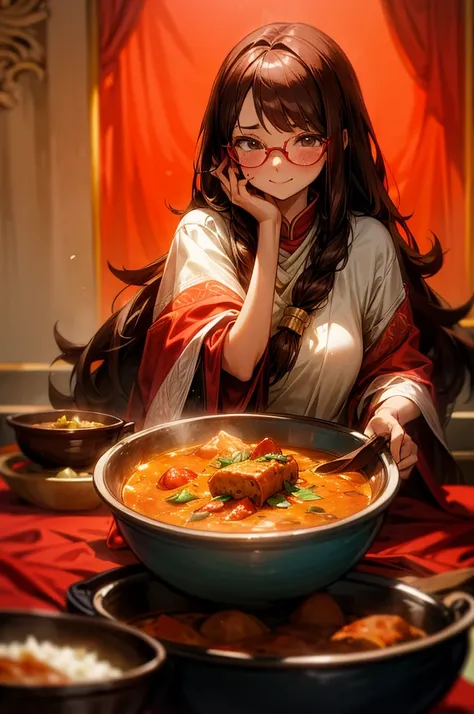  long-haired girl with brown hair and red glasses,smile, sad expression,Indian Clothing,Indian food,curry,Asian,Eating, ethnic costumes