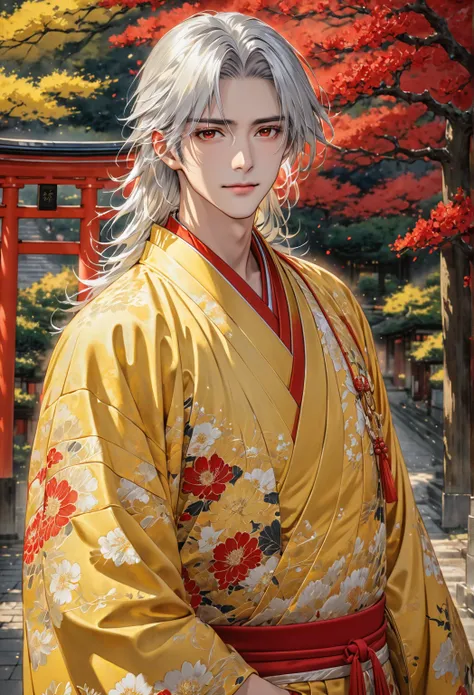 (( best quality)), ((masterpiece)), ( Details)、male１people、 long silvery hair 、 red eyes、emotionless eyes 、 yellow gold kimono、 standing under the torii gate、 handsome、Both have