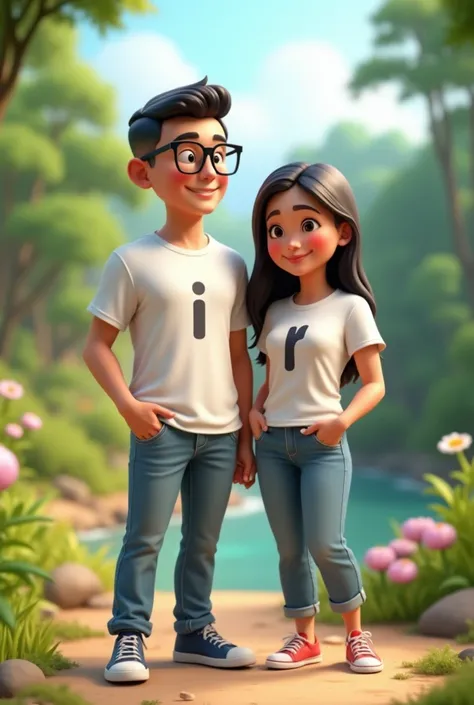 Buat IlustRI 3D anImasI sepasang cowok dan cewek oRang IndonesIa sedang beRdIRI dengan backgRound alam,beRpakaIan kasual kaos putIh ada tulIsan nama "I" dI kaos cewek nya dan ada tuIsan "R" dI kaos cowok nya.