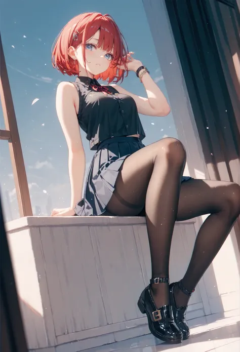 1girl,black hair,red hair,bob cut,blue eyes,black tops,sleeveless,pleated skirt,mini skirt,pantyhose,black shoes