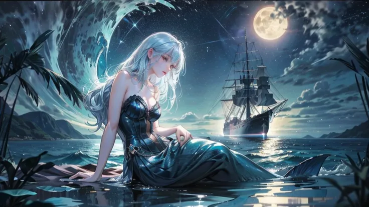 ultra-high-definition, photorealistic, a mysterious mermaid floating in the moonlit ocean, seen from the deck of a ship, her silhouette glowing under the bright full moon, shimmering reflections on the water, waves gently rippling around her, the ship’s ma...