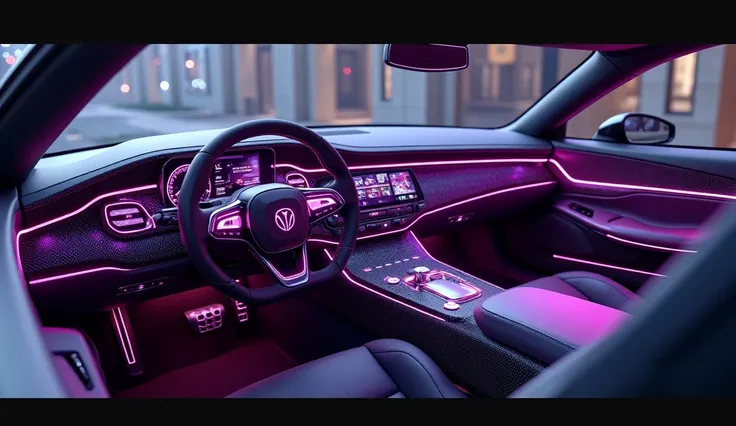 a detailed interior view of a 2025 Pontiac firebird, futuristic dashboard, glowing neon purple lights, high-tech digital display, intricate carbon fiber accents, metallic silver trim, realistic 3D render, photorealistic, cinematic lighting, dramatic shadow...