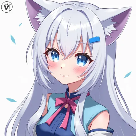 anime girl 2d ,  V-TUBER STYLE with long bluish white hair with purple tips,  and almost white blue eyes wearing cat ears , White Catgirl,  white-haired divinity , Holo is a werewolf , holo if a wolf girl, nekomimi, cute anime cat girl, Retrato de Onmyoji,...