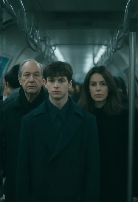 A family in the subway, standing looking to the front. Is composed for both parents and their teenager son.