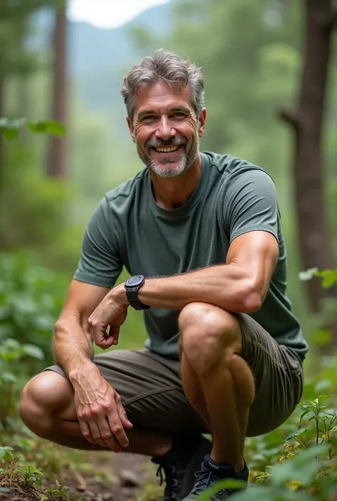 profile picture (Knee up ),  of a friendly looking man, 45 years, in natur, Who is standing straight and has running equipment
