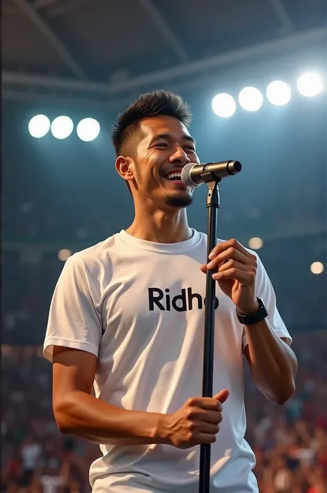  Handsome looking Indonesian man  . white t-shirt with writing " ridho " .  singing with a long mic stick .  In the middle of the football stadium with illuminated ball stadium lights . Focus on the mans face 