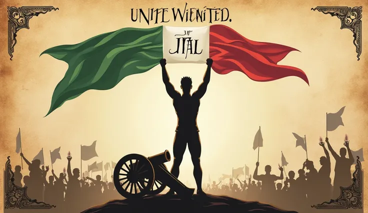 Create a visually striking thumbnail for the topic "Unification of Italy" from Class 10 History, Chapter 2, without using maps of Italy or Europe.

Design Details:
Background: Use a textured parchment-style background to give a historical vibe, with a subt...