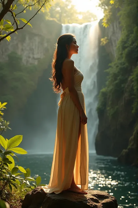 a Javanese girl with a beautiful face, sexy body, yellow skin, waist-length and wavy hair, wearing traditional East Javanese clothes, is standing on a rock near a waterfall with beautiful views of the surroundings, on a sunny morning, with a cinematic conc...