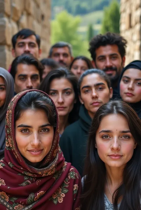 Realistic photo of a group of Lebanese men and 20-year-old Lebanese women in a Lebanese village focusing on the face