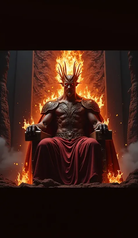  Generate a high-resolution photorealistic image in a standard format for social networks  (For example, 1080P, format 16:9, RGB color space )  that accurately represents a fire king seated on a throne with intricate details and realistic textures.