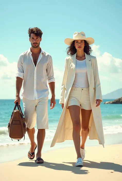 a short man in a white shirt buttoned open and wearing culottes and flip flops carrying a travel bag and a womans bag walks on the beach along with a tall woman wearing a white t-shirt and white shorts and white shoes and a fancy white army hat and long co...