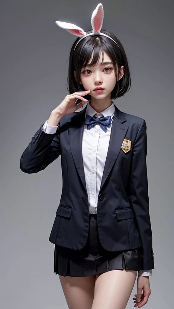  College Student , in a blazer in a school uniform . Enako.  bunny ear headband 。Random Nudes, (Exhibitionism),  random exposure of genitals.  smaller breasts. Thin Hair。 on plain grey background。  black hair. Round face.  super short hair。  cute, No Emoti...