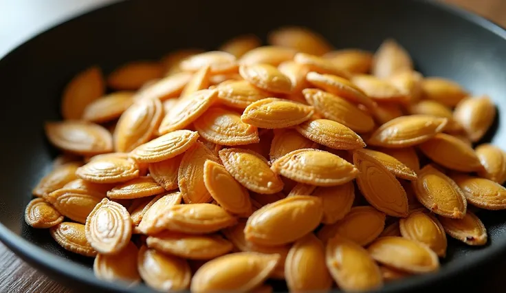 Photo:  Toasted peeled sunflower seeds.  description of parts:  A piece of frying pan with aromatic , peeled toasted sunflower seeds .  The texture and color of the seeds create an appetizing look.