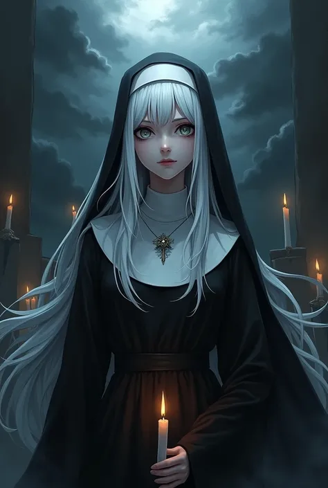 Digital drawing anime white hair nun dark fantasy horror style 