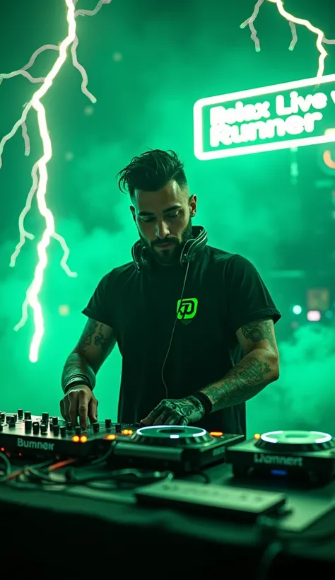 ompts Copy prompts REALISTIC advertising hype,angry, UNLEASHED FURY!!!, switched on, CHARGED POWER OF LIGHTNING, GREEN SPARKS EPIC bombo publicitarioRCHARGED,HANDSOME CYBORG MAN DJ SMILING IN CYBER BLACK NEON TSHIRT WITH CLEAR FACE SMILING,, ON THE DJ DECK...