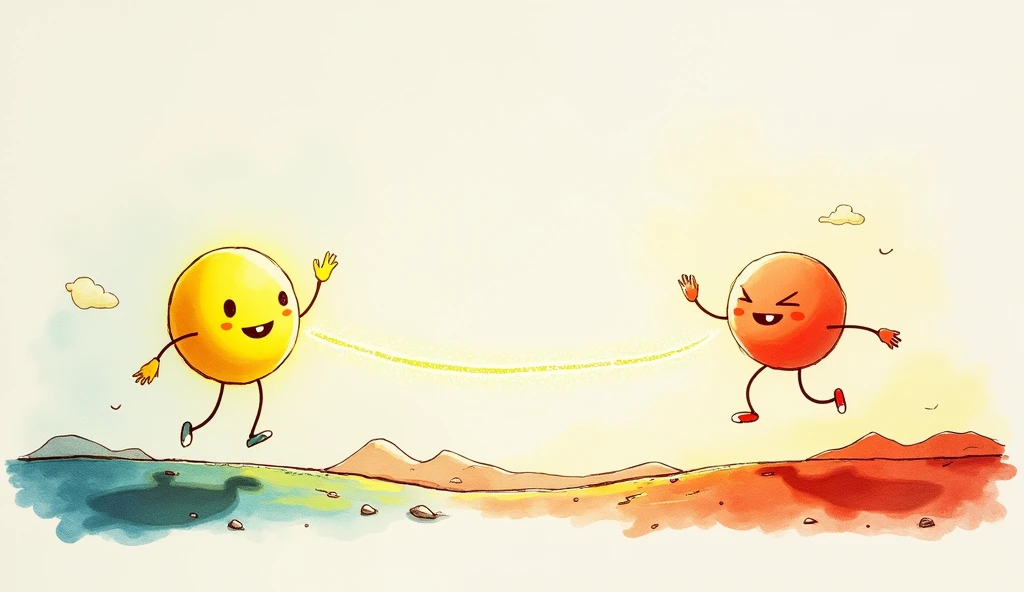 A minimalist, hand-drawn watercolor and ink-style illustration featuring two Quarkys, one on Earth and the other on Mars, sharing an entangled connection.

On the left, Quarky on Earth is a glowing, neon-yellow round particle (#f4d03f), with a smooth body ...